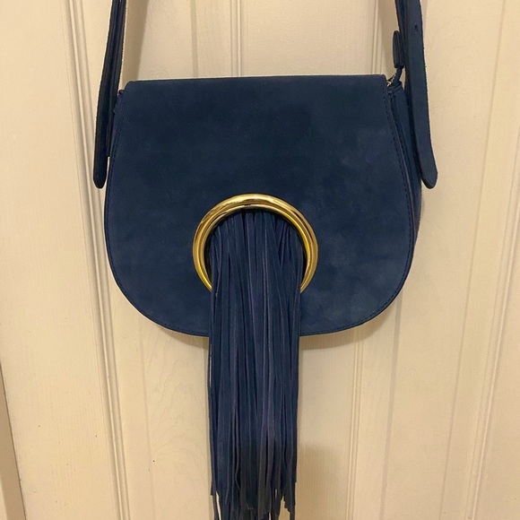 NEW 🩵 LEATHER FRINGE CROSSBODY PURSE; INZI;Beautiful Blue🩵 - Picture 3 of 7